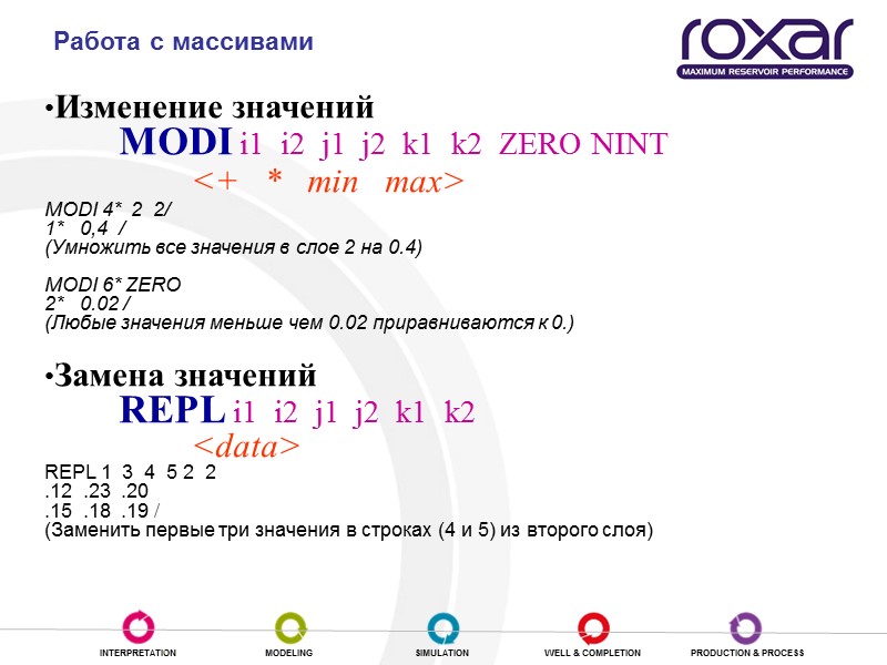 Работа с массивами Изменение значений  МODI i1  i2  j1  j2